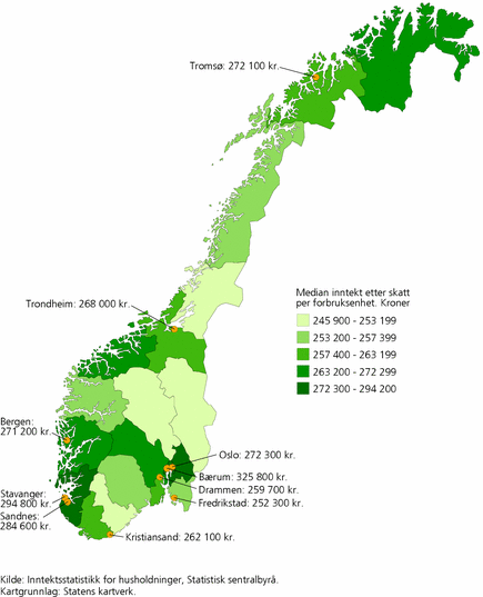 Figur 2. Medianinntekt, etter skatt per forbruksenhet (EU-skala) for husholdninger1. Landet, fylker og de ti største kommunene i Norge. 2007