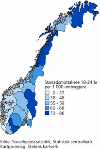 Figur 1. Andel sosialhjelpsmottakere (per 1 000 innbyggere) i alderen 18-24 år, etter fylke. 2008
