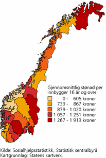 Figur 3. Brutto utbetalt økonomisk sosialhjelp, etter region. 2008-kroner