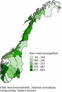 Figur 4. Antall barn med barnevernstiltak (omsorgstiltak) fordelt på regioner. 2008