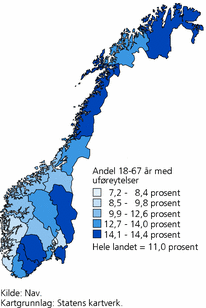 Figur 6. Mottakere av uføreytelser som andel av befolkningen i alderen 18-67 år, etter fylke og for hele landet. 2008. Prosent