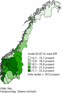 Figur 9. Mottakere av avtalefestet pensjon (AFP) som andel av befolkningen 62-67 år, etter fylke og for hele landet. 2008. Prosent