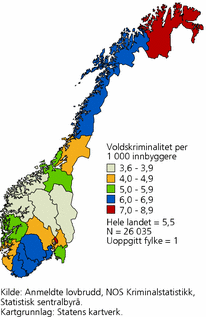 Figur 13. Anmeldt voldskriminalitet, etter gjerningsfylke. 2008. Per 1 000 innbyggere