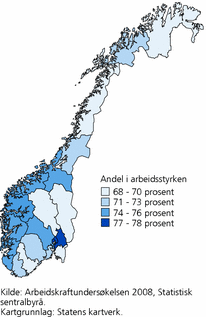 Figur 3. Yrkesdeltakelsen i 2008, etter fylke. Basert på arbeidsstyrken i prosent av befolkningen i yrkesaktiv alder