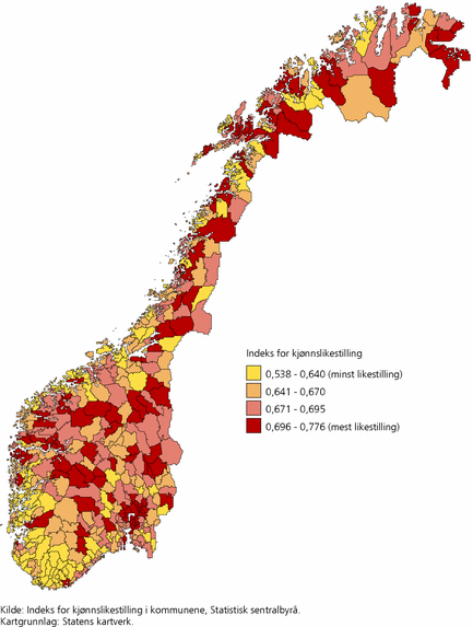 Figur 1. Grad av likestilling i kommunene, målt etter indeks for kjønnslikestilling i kommunene. 2009. På en skala fra 0 (ingen likestilling) til 1 (full likestilling)