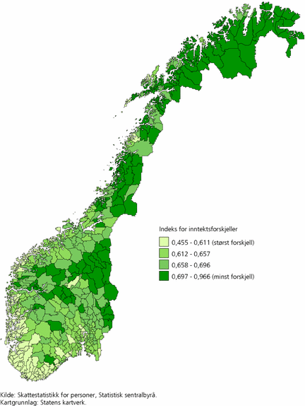 Figur 2. Grad av forskjell mellom kvinners og menns gjennomsnittlige bruttoinntekt i kommuner. 2008. På en skala fra 0 (maksimal inntektsforskjell) til 1 (lik inntekt)