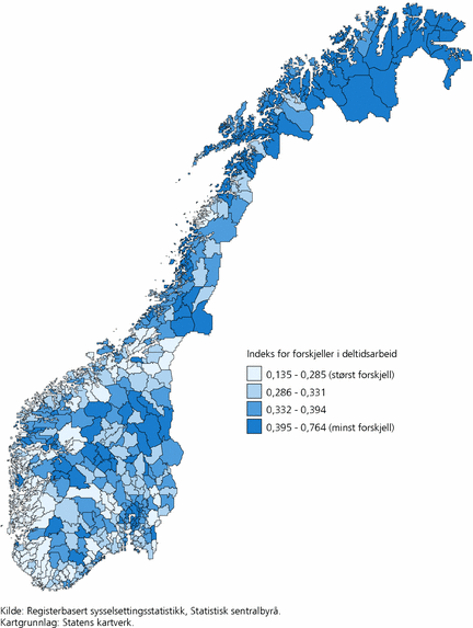 Figur 3. Grad av forskjell mellom andel kvinner og menn som jobber deltid i kommuner. 2008. På en skala fra 0 (maksimal forskjell) til 1 (jobber deltid i like stor grad)