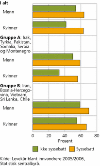 Figur 2. Andel innvandrere og norskfødte med innvandrerbakgrunn med en god norsk venn, etter kjønn, sysselsetting og landbakgrunn. 2005/2006. Prosent