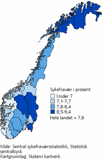 Figur 5. Sykefravær (egen- og legemeldt) for arbeidstakere 16-69 år, etter arbeidsstedsfylke. 4. kvartal 2009