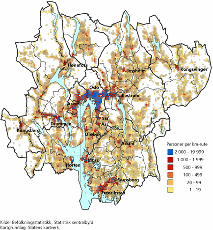 Figur 1. Befolkningstetthet i Oslo-regionen. 1. januar 2010