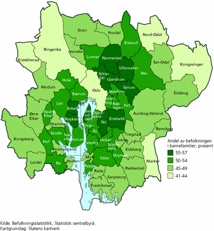 Figur 5. Personer i barnefamilier som andel av befolkningen i Oslo-regionen. 1. januar 2010. Prosent
