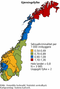 Figur 14. Anmeldt seksualkriminalitet, etter gjerningsfylke. Årlige gjennomsnitt 2007-2010. Per 1 000 innbyggere