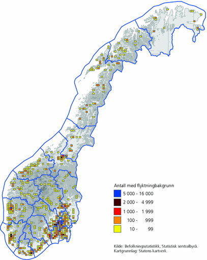 Figur 1. Personer i Norge med flyktningbakgrunn, antall i 10 x 10 km-ruter. 1. januar 2011