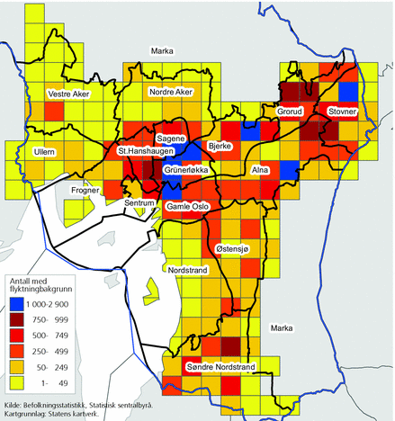 Figur 8. Personer med flyktningbakgrunn med bosted i Oslo 1. januar 2011 per 1 x 1 km-rute. Bydelene