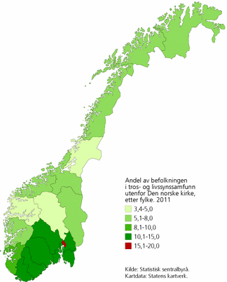 Figur 2. Andel av befolkningen som er medlemmer i tros- og livs- synssamfunn utenfor Den norske kirke, etter fylke. 1. januar 2011