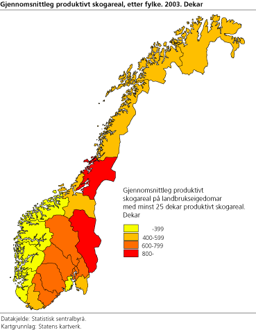 Gjennomsnittleg produktivt skogareal, etter fylke. 2003. Dekar