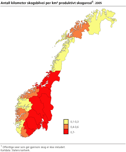 Antall kilometer skogsbilvei per km² produktivt skogareal. 2005