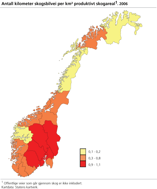 Antall kilometer skogsbilvei per km2 produktivt skogareal