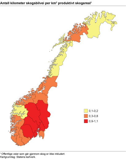 Antall kilometer skogsbilvei per km² produktivt skogareal