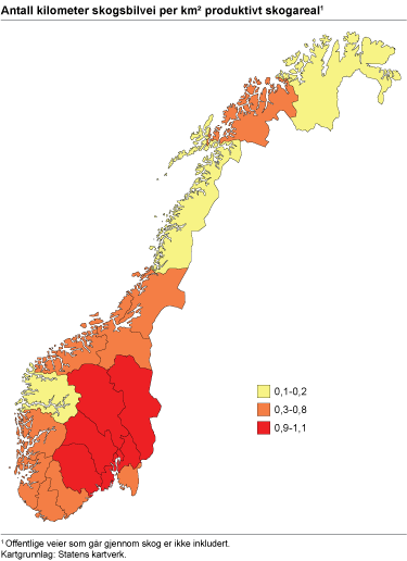 Antall kilometer skogsbilvei per km² produktivt skogareal