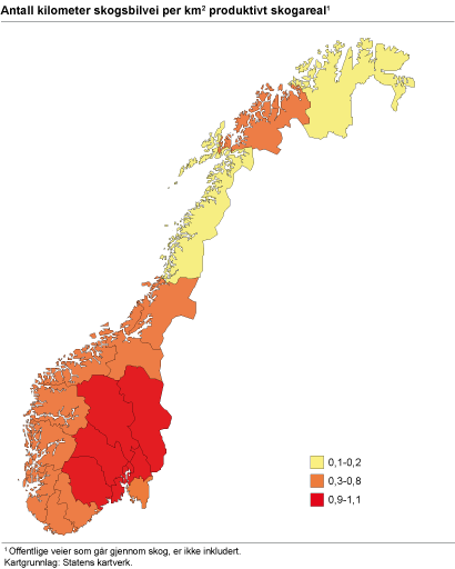 Antall kilometer skogsbilvei per kvadratkilometer produktivt skogareal