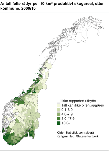 Antall felte rådyr per 10 km produktivt skogareal.  2009/2010