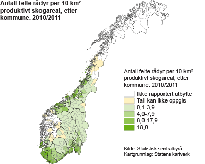 Antall felte rådyr per 10 km2 produktivt skogareal, etter kommune. 2010/2011