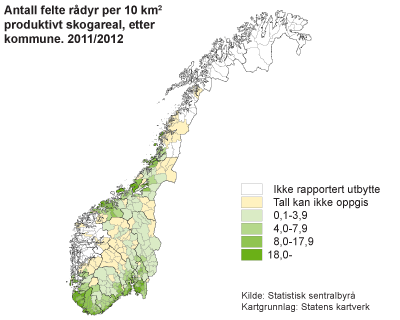 Antall felte rådyr per 10 km2 produktivt skogareal. 2011/2012