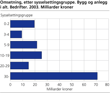 Omsetning, etter sysselsettingsgruppe. Bygg og anlegg i alt. Bedrifter. 2003. Milliarder kroner