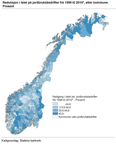 Reduksjon i talet på jordbruksbedrifter frå 1999 til 2010*, etter kommune. Prosent