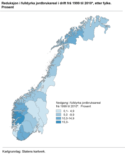 Reduksjon i fulldyrka jordbruksareal i drift frå 1999 til 2010*, etter fylke. Prosent