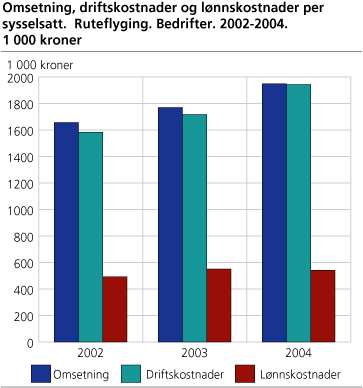 Omsetning, driftskostnader og lønnskostnader. Ruteflyging. 2002-2004. Bedrifter