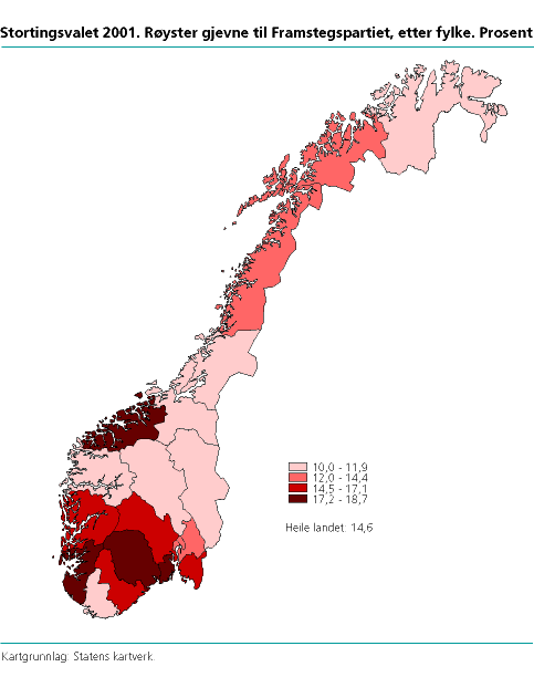  Stortingsvalet 2001. Røyster gjevne til Framstegspartiet, etter fylke. Prosent 