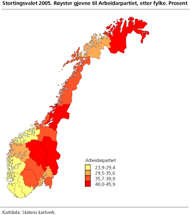 Stortingsvalet 2005. Røyster gjevne til Arbeidarpartiet, etter fylke. Prosent