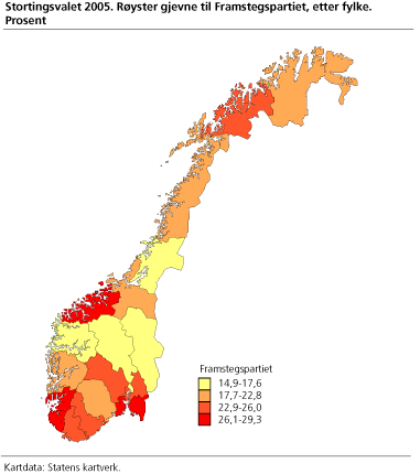 Stortingsvalet 2005. Røyster gjevne til Framstegspartiet, etter fylke. Prosent