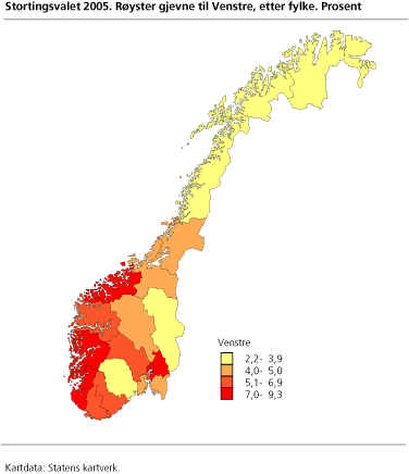 Stortingsvalet 2005. Røyster gjevne til Venstre, etter fylke. Prosent