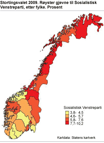 Stortingsvalet 2009. Røyster gjevne til Sosialistisk Venstreparti, etter fylke. Prosent