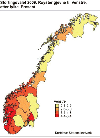 Stortingsvalet 2009. Røyster gjevne til Venstre, etter fylke. Prosent