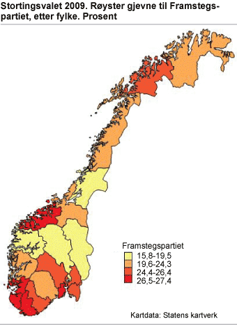 Stortingsvalet 2009. Røyster gjevne til Framstegspartiet, etter fylke. Prosent