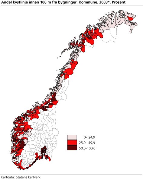 Andel kystlinje innen 100 m fra bygninger. Kommune. 2003*. Prosent