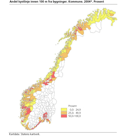 Andel kystlinje innen 100 m fra bygninger. Kommune. 2004*. Prosent 