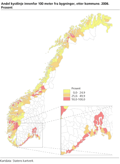 Andel kystlinje innenfor 100 m fra bygninger, etter kommune. 2006. Prosent 