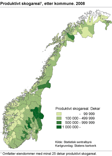 Produktivt skogareal, etter kommune. 2008