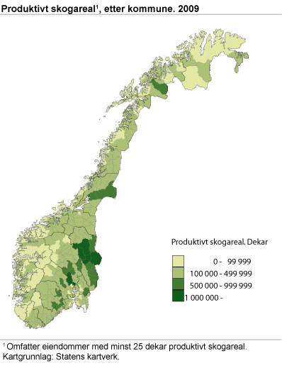 Produktivt skogareal, etter kommune. 2009