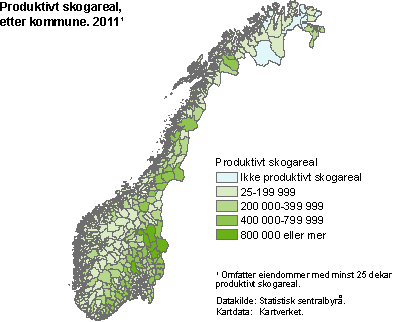 Produktivt skogareal, etter kommune. 2011