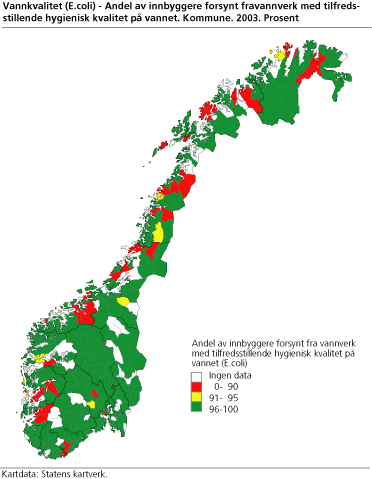 Vannkvalitet (E.coli) - Andel av innbyggere forsynt fra vannverk med tilfredsstillende hygienisk kvalitet på vannet. Kommune. 2003. Prosent