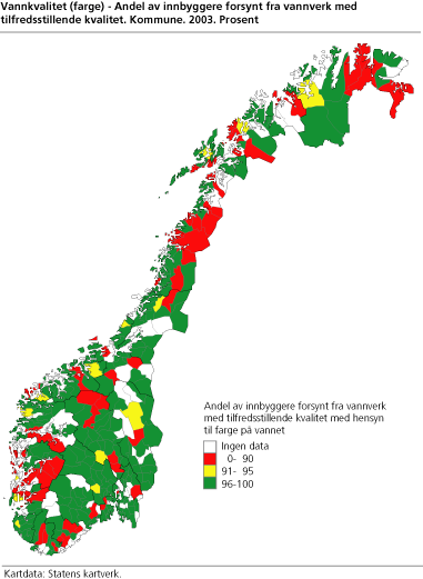 Vannkvalitet (farge) - Andel av innbyggere forsynt fra vannverk med tilfredsstillende kvalitet. Kommune. 2003. Prosent