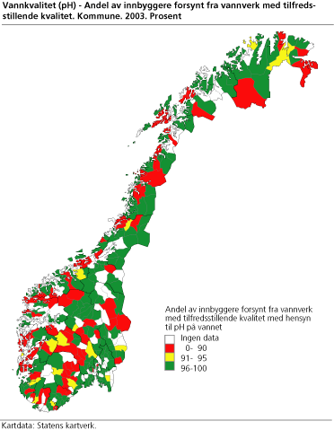 Vannkvalitet (pH) - Andel av innbyggere forsynt fra vannverk med tilfredsstillende kvalitet. Kommune. 2003. Prosent