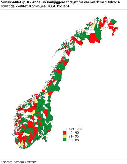 Vannkvalitet (pH) - Andel av innbyggere forsynt fra vannverk med tilfredsstillende kvalitet. Kommune. Prosent. 2004