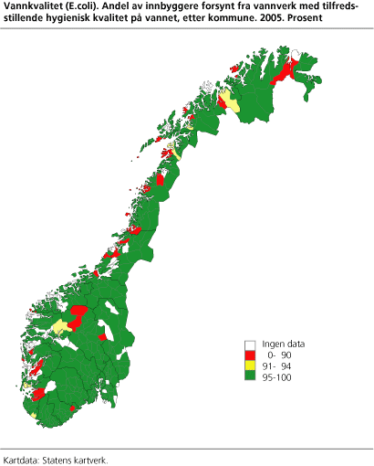 Vannkvalitet (E.coli). Andel av innbyggere forsynt fra vannverk med tilfredsstillende hygienisk kvalitet på vannet, etter kommune. 2005. Prosent